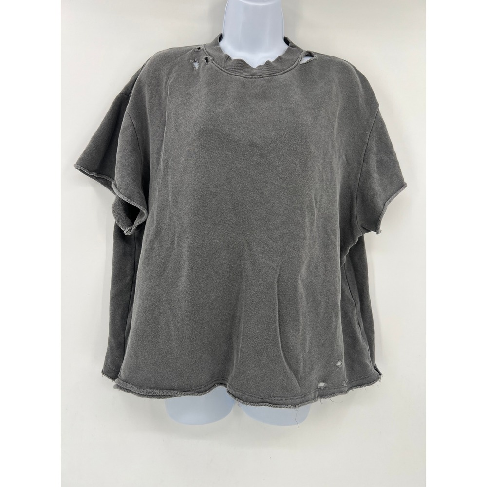 AG Adriano Goldschmied Distressed Short Sleeve Sweatshirt Gray Cotton M USA